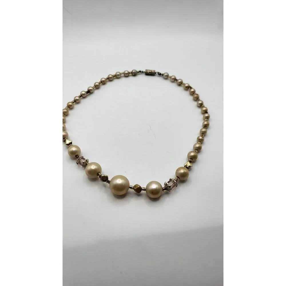 Vintage Hollywood Victorian Revival Faux Pearl Beaded Crystal Necklace 16in